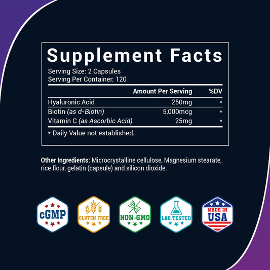 BIO NUTRI Hyaluronic Acid Supplements 250mg, 240 Capsules with Vitamin C & Biotin for Skin, Joint, Hair, Nail and Eye Health - Edible Healthcare Fitness Dietary Healthy