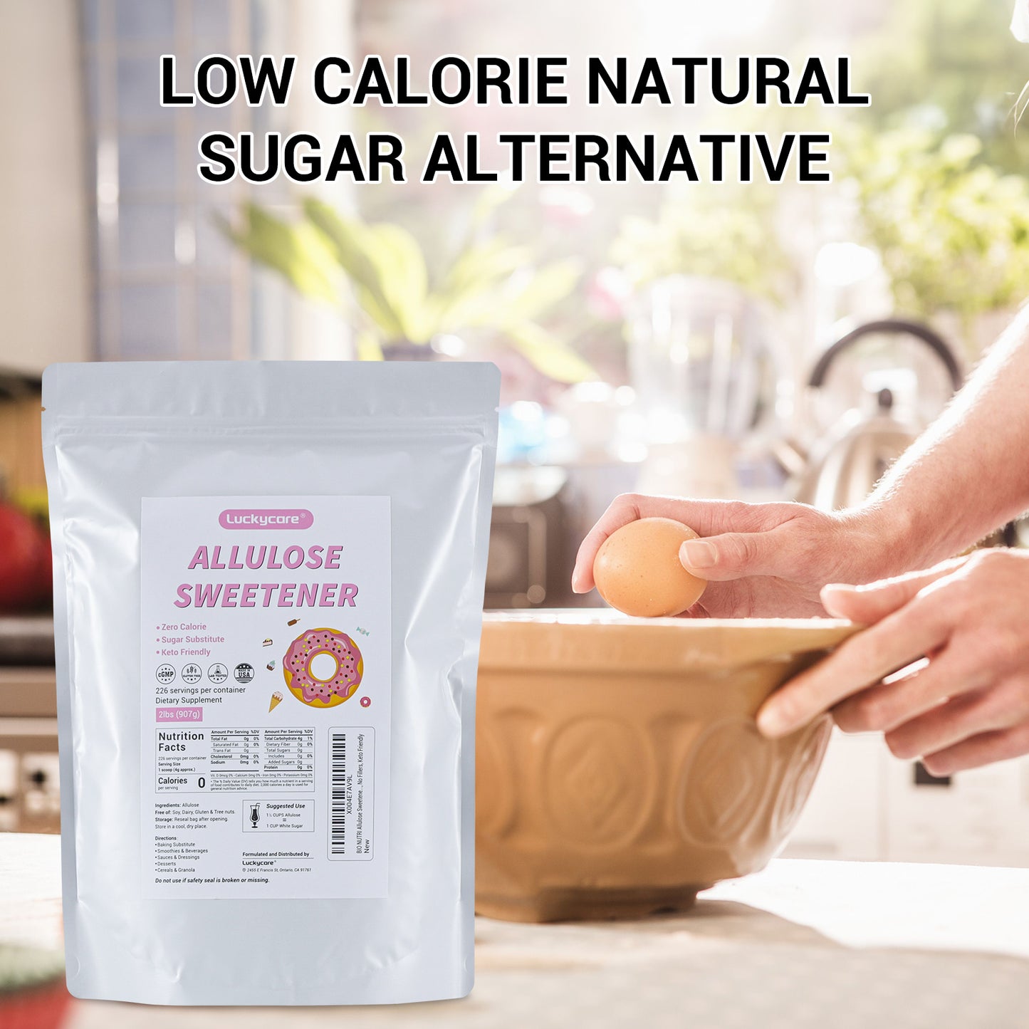 Luckycare Allulose Sweetener - Natural Zero Calorie Sugar Substitute - Powdered Sweetener for Baking and Cooking - 2lbs (907g) - 226 Servings - Flavor