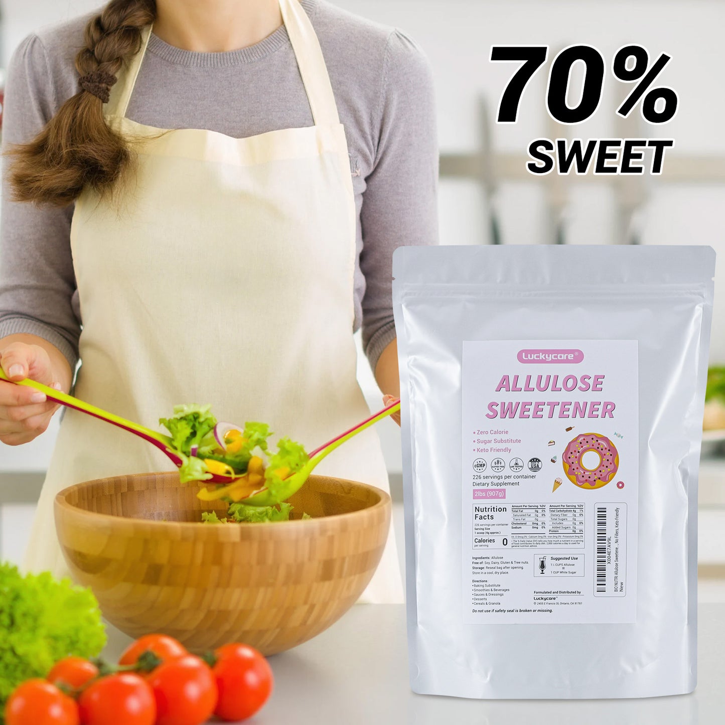 Luckycare Allulose Sweetener - Natural Zero Calorie Sugar Substitute - Powdered Sweetener for Baking and Cooking - 2lbs (907g) - 226 Servings - Flavor