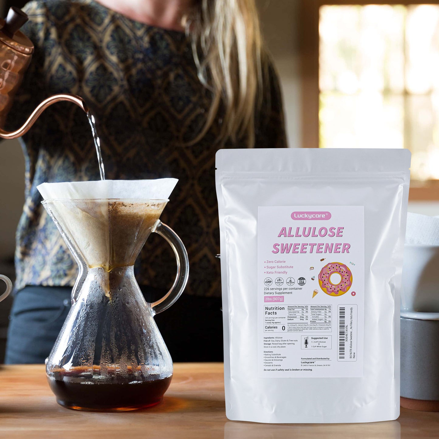Luckycare Allulose Sweetener - Natural Zero Calorie Sugar Substitute - Powdered Sweetener for Baking and Cooking - 2lbs (907g) - 226 Servings - Flavor