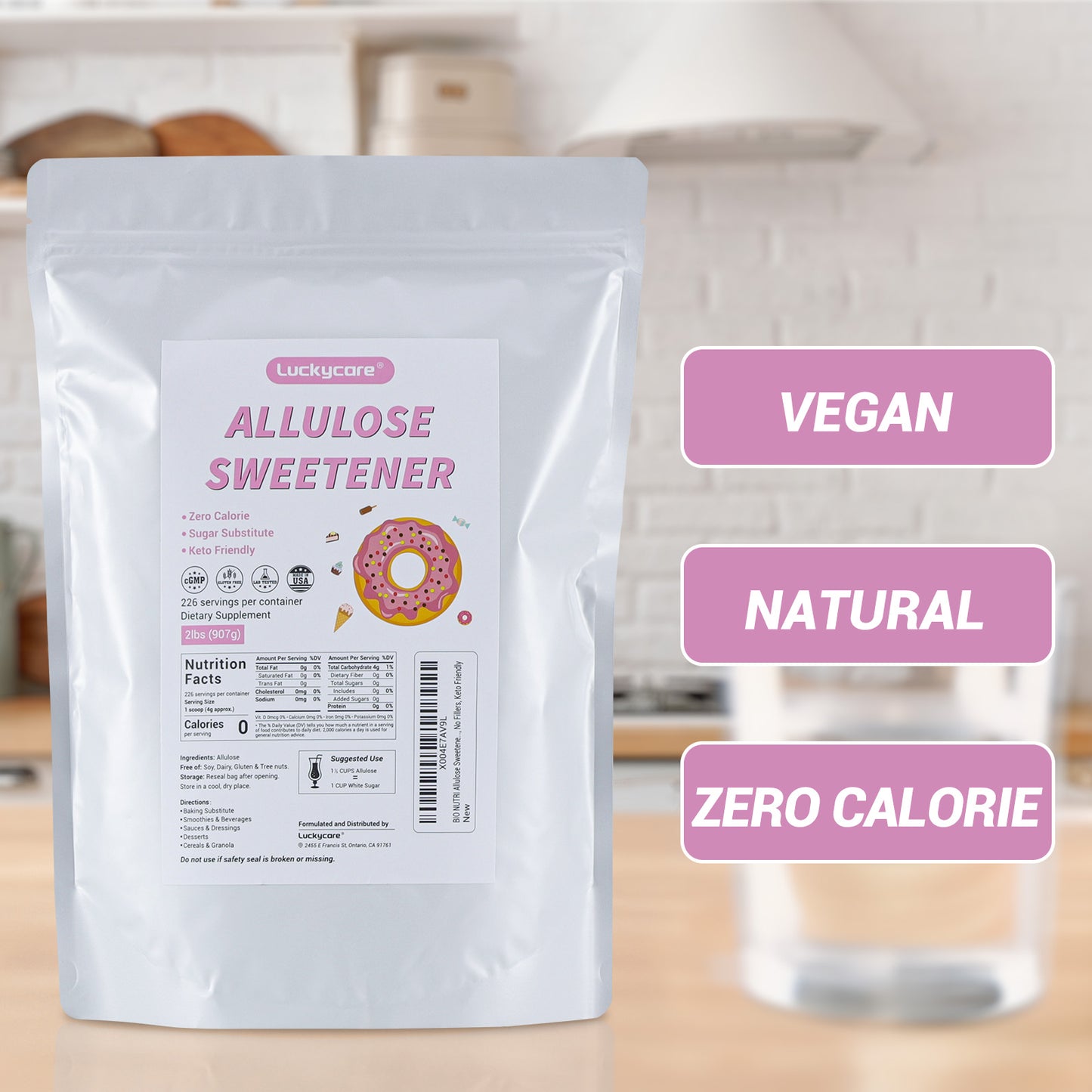 Luckycare Allulose Sweetener - Natural Zero Calorie Sugar Substitute - Powdered Sweetener for Baking and Cooking - 2lbs (907g) - 226 Servings - Flavor