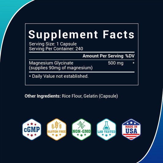 Luckycare Magnesium Glycinate 500mg, 240 Capsules for Sleep, Stress, Relaxation, Nerve, Muscle, Bone, Heart Health Supplement - Edible