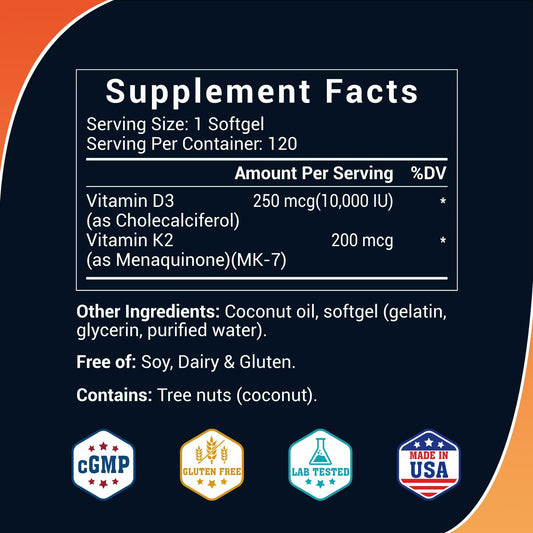 D3 K2 Vitamin 10000 IU Vitamin D3 & 200mcg Vitamin K2 MK-7 Softgel - Supports Bone, Heart, Immune & Calcium Health, Healthcare Dietary Bathroom