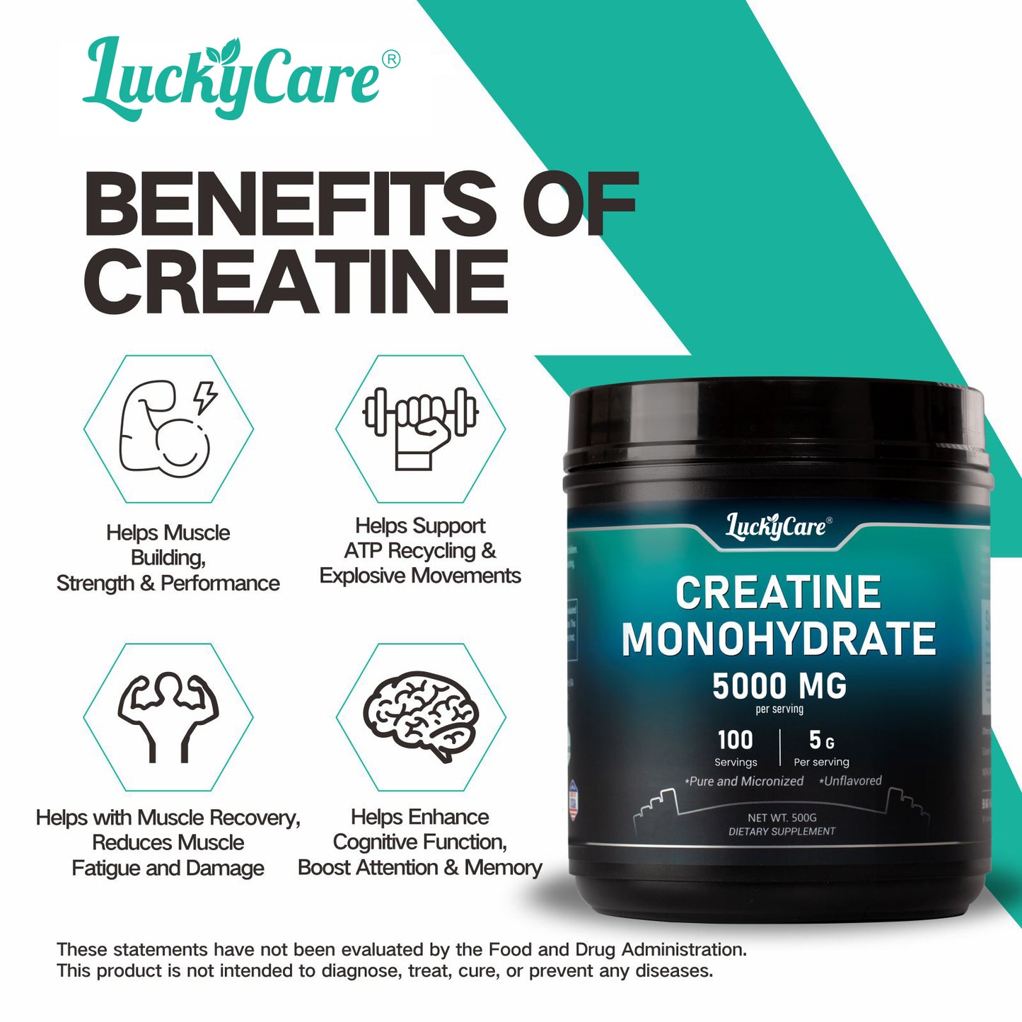 Luckycare Unflavored Creatine Monohydrate Powder 5000mg per serving Healthcare Supplement Fitness Edible - Drink, Dietary Workout Nutrition Energy Muscle Growth Endurance