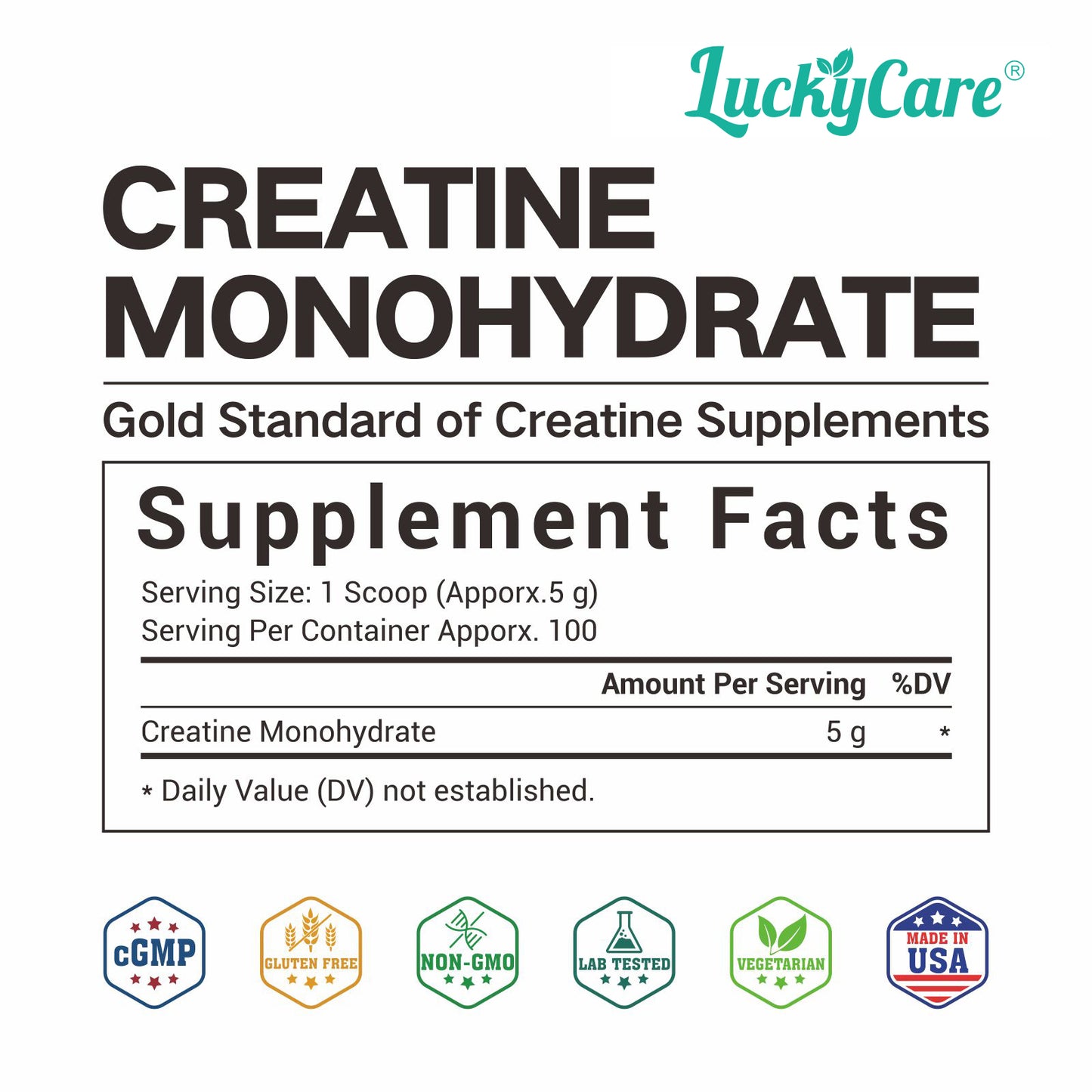 Luckycare Unflavored Creatine Monohydrate Powder 5000mg per serving Healthcare Supplement Fitness Edible - Drink, Dietary Workout Nutrition Energy Muscle Growth Endurance