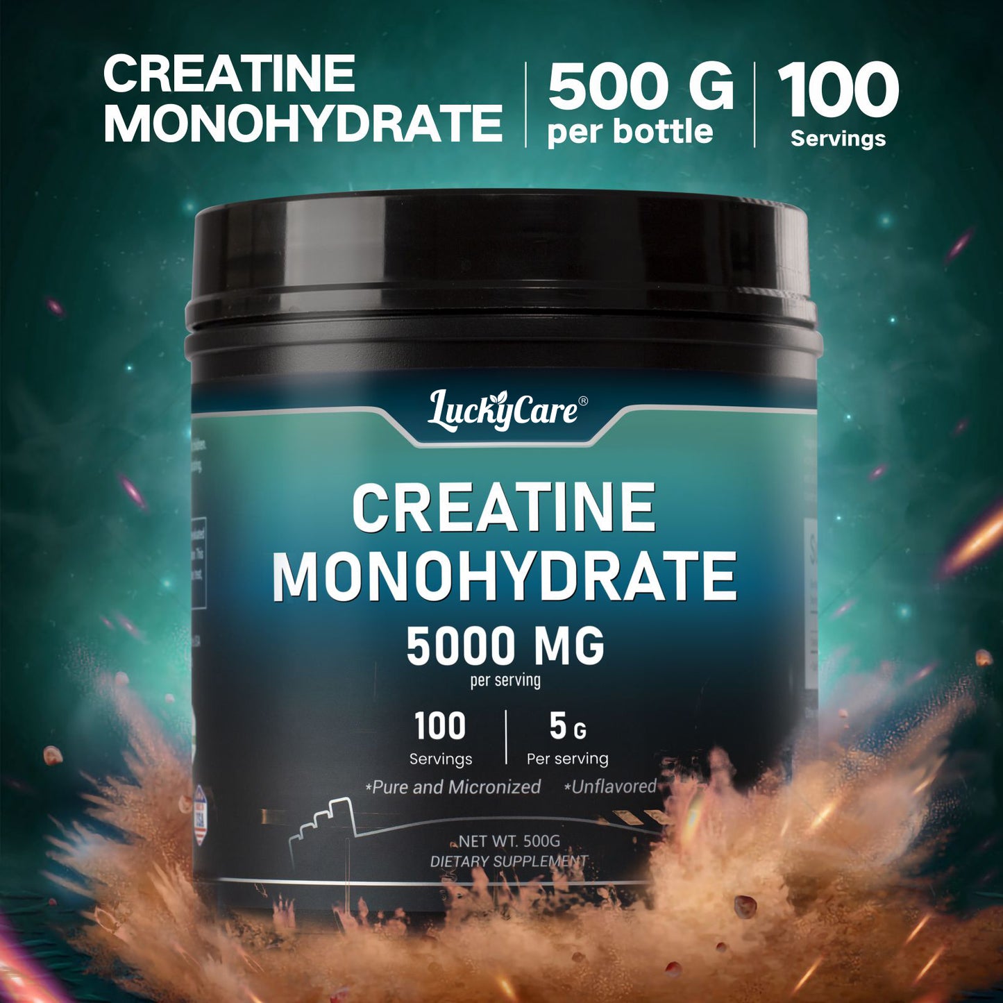 Luckycare Unflavored Creatine Monohydrate Powder 5000mg per serving Healthcare Supplement Fitness Edible - Drink, Dietary Workout Nutrition Energy Muscle Growth Endurance