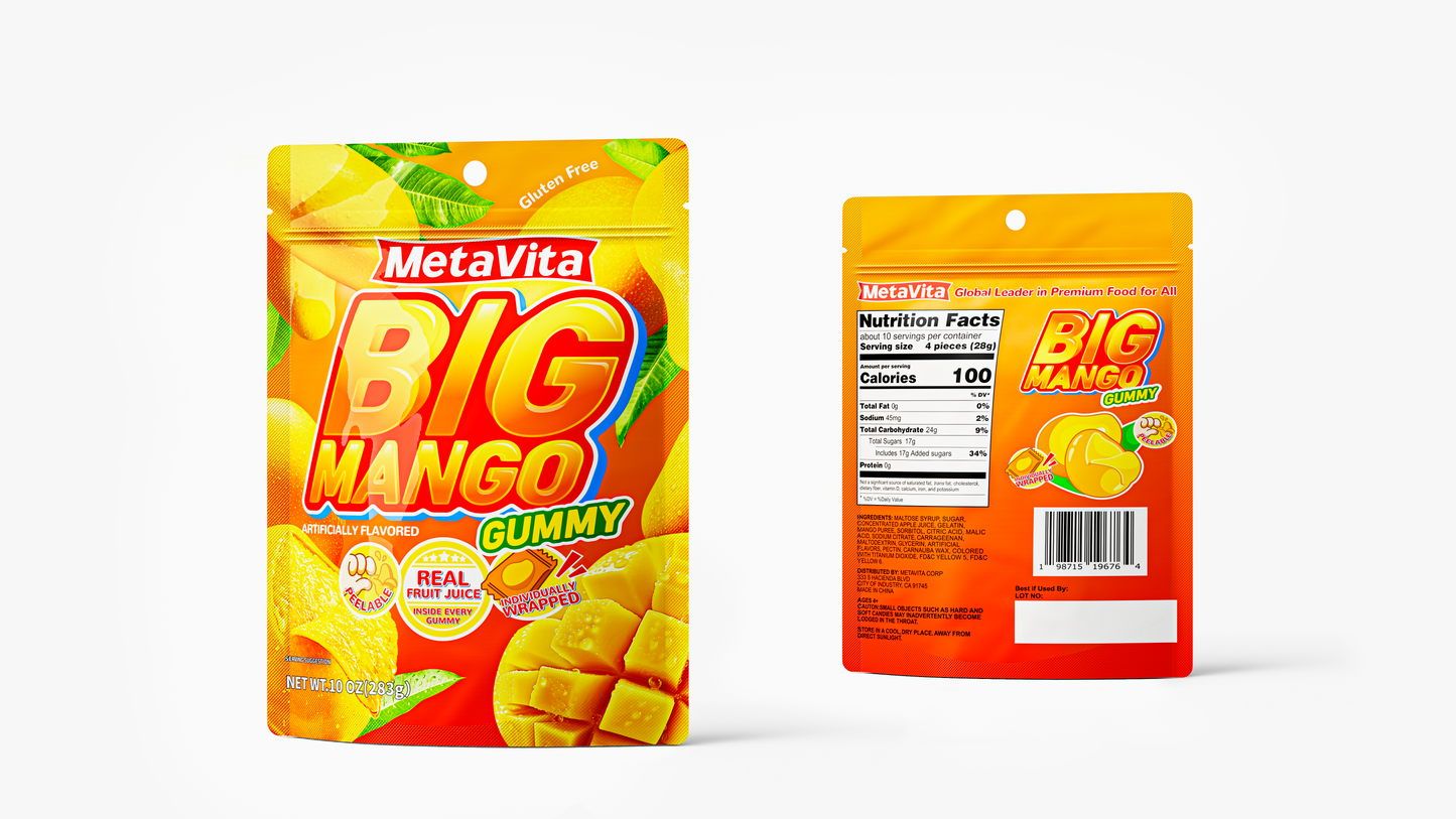 MetaVita Peelable Mango Gummy - 40 Large Pieces, Juicy & Chewy, Real Mango Taste, Resealable Pack - Perfect for Kids & Adults, Holiday Gift, Party Favor, Snacking Pick, Novelty Foreign Candy