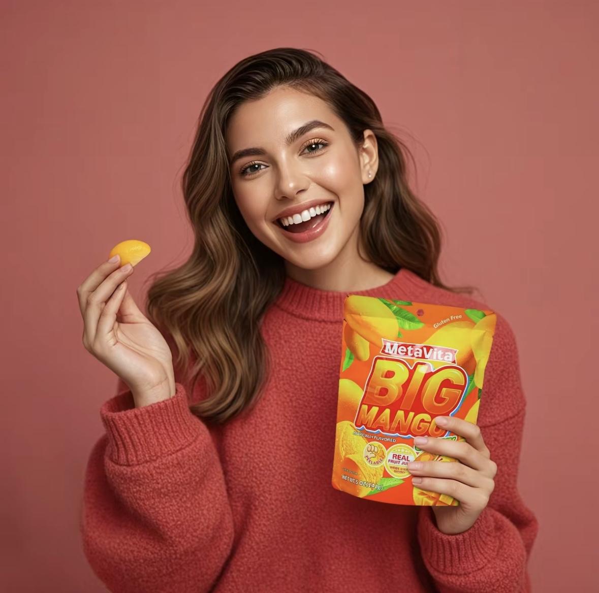 MetaVita Peelable Mango Gummy - 40 Large Pieces, Juicy & Chewy, Real Mango Taste, Resealable Pack - Perfect for Kids & Adults, Holiday Gift, Party Favor, Snacking Pick, Novelty Foreign Candy