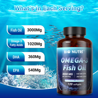 BIO NUTRI Triple Strength 3000 mg Fish Oil Supplements, with EPA & DHA, Support Heart, Brain & Skin and Eye Health, 120 Soft gels- Edible Capsule Healthcare