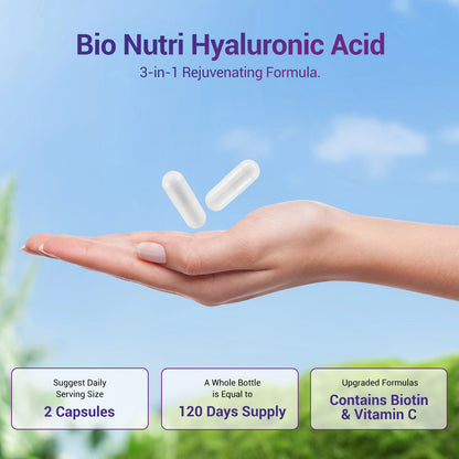 BIO NUTRI Hyaluronic Acid Supplements 250mg, 240 Capsules with Vitamin C & Biotin for Skin, Joint, Hair, Nail and Eye Health - Edible Healthcare Fitness Dietary Healthy