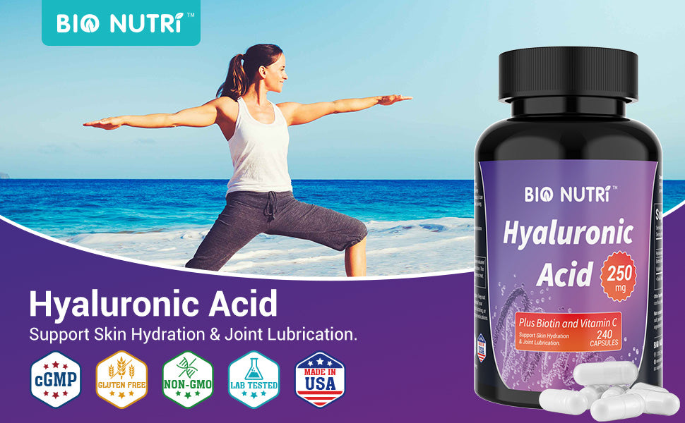 BIO NUTRI Hyaluronic Acid Supplements 250mg, 240 Capsules with Vitamin C & Biotin for Skin, Joint, Hair, Nail and Eye Health - Edible Healthcare Fitness Dietary Healthy