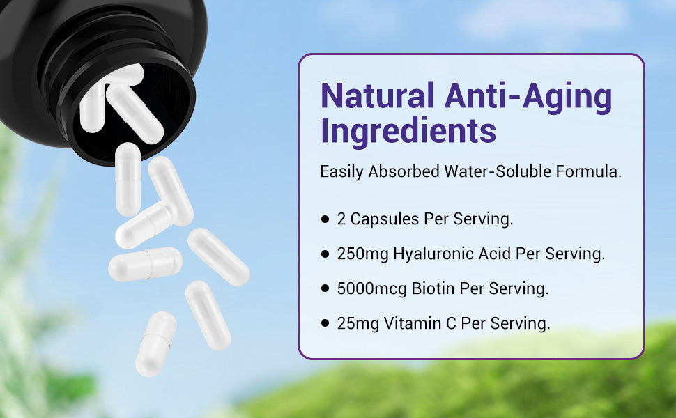 BIO NUTRI Hyaluronic Acid Supplements 250mg, 240 Capsules with Vitamin C & Biotin for Skin, Joint, Hair, Nail and Eye Health - Edible Healthcare Fitness Dietary Healthy