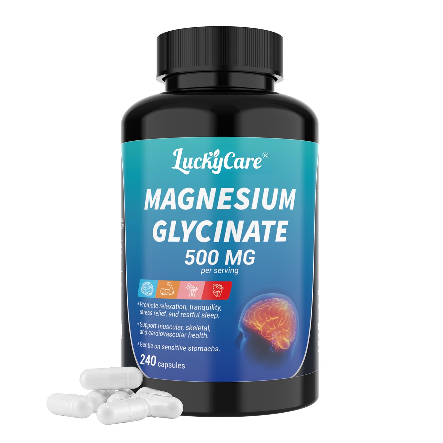 Luckycare Magnesium Glycinate 500mg, 240 Capsules for Sleep, Stress, Relaxation, Nerve, Muscle, Bone, Heart Health Supplement - Edible