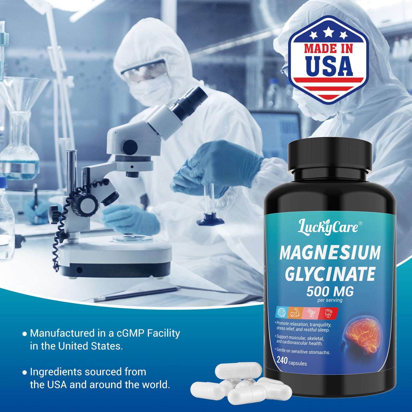 Luckycare Magnesium Glycinate 500mg, 240 Capsules for Sleep, Stress, Relaxation, Nerve, Muscle, Bone, Heart Health Supplement - Edible